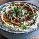 A bowl of protein-rich Black-Eyed Pea Hummus garnished with cumin and lemon, surrounded by colorful fresh vegetables.