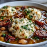 Tender dumplings steam atop the rich Black-Eyed Peas and Sausage Dumplings stew inside a Dutch oven.