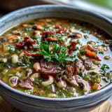 Crispy bacon bits and tender black-eyed peas garnish this hearty Southern soup, served with a slice of cornbread.