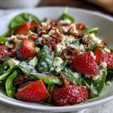 Fresh strawberry spinach salad with poppyseed dressing in a large white bowl, showcasing vibrant red strawberries and leafy greens.