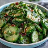 Bright and tangy Asian cucumber salad with sesame and rice vinegar, perfect for light appetizers or side dishes.