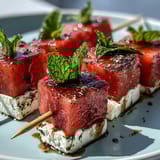 Colorful appetizer skewers with sweet watermelon, salty feta, and aromatic mint leaves, drizzled with olive oil.  