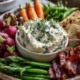 Elegant charcuterie board featuring radishes, sugar snap peas, and creamy herb dip for a light, fresh appetizer.  