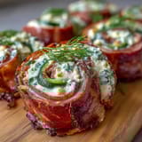 Creamy ham and pickle pinwheels, garnished with fresh dill, perfect for parties.