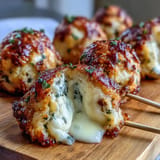 Savory olive cheese balls baked golden brown, perfect for a party appetizer.