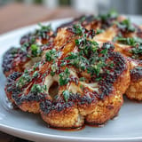 Charred BBQ Cauliflower Steaks recipe, glistening with a zesty herb topping.