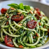 A colorful bowl of Zucchini Noodles with Avocado Pesto, perfect for healthy eating.