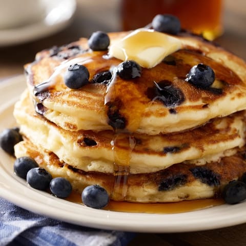 A stack of fluffy American Blueberry Pancakes, speckled with blueberries, ready for a delicious breakfast.