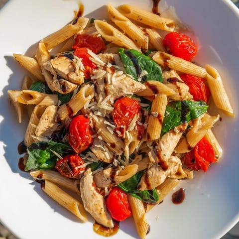 Steaming plate of balsamic glazed chicken pasta served with Parmesan and basil, perfect for an easy weeknight dinner.