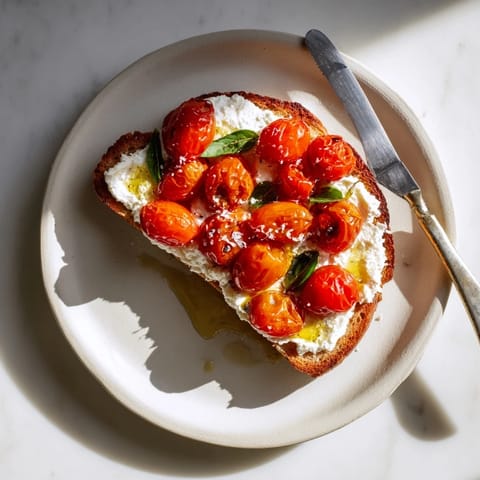 Warm tomato ricotta toast garnished with basil leaves and flaky sea salt, perfect for a Mediterranean-inspired breakfast.