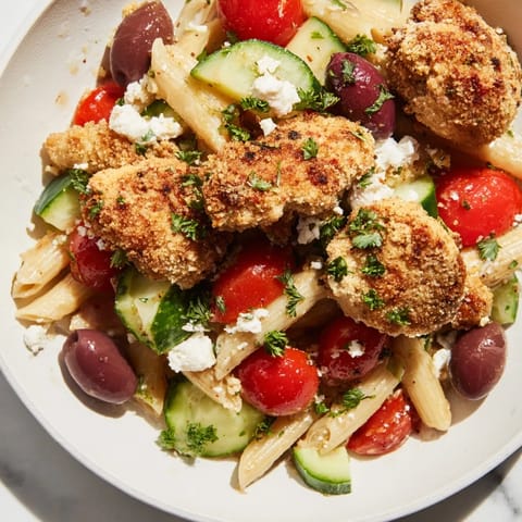 Crispy Chicken Greek Pasta served with golden chicken bites, al dente penne, and fresh cherry tomatoes on a rustic plate.