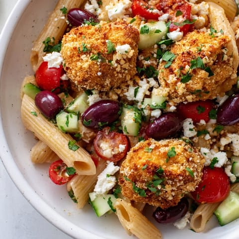 Golden crispy chicken rests atop Crispy Chicken Greek Pasta, mixed with cucumbers, Kalamata olives, and crumbled feta cheese.