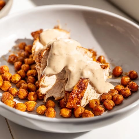Golden roasted chicken slices and crispy chickpeas atop hearty farro and fresh greens, all drizzled with a creamy lemon-tahini sauce in this nourishing Lemon Tahini Chicken Power Bowl.