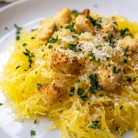 Fork-tender spaghetti squash strands topped with golden lemon garlic chicken, finished with fresh parsley and melted Parmesan.