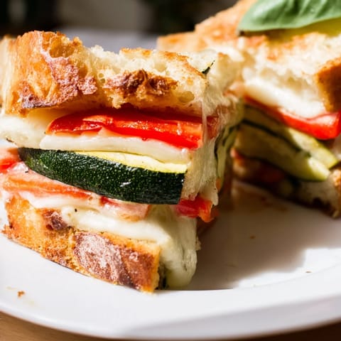 A close-up of roasted veggie Caprese grilled cheese shows melted mozzarella, juicy tomato slices, fresh basil, and caramelized zucchini on crispy bread.