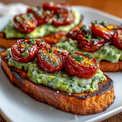 Roasted sweet potato toast with fresh avocado and cherry tomatoes, a vibrant breakfast.