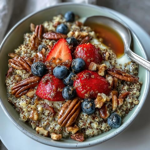 A steaming bowl of tender buckwheat groats breakfast topped with fresh berries, sliced bananas, and crunchy chopped almonds.