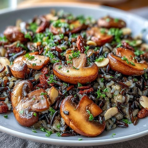 Earthy sautéed mushrooms and toasted almonds top this hearty Wild Rice and Mushroom Pilaf, served warm in a rustic bowl.