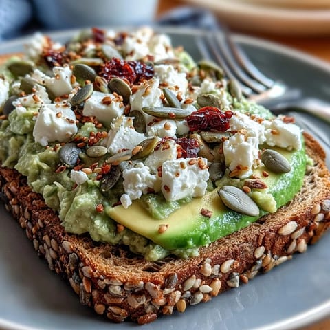 Creamy, seasoned avocado mash piled high on crispy toasted whole grain bread, topped with vibrant tomato slices and crunchy pumpkin seeds for a satisfying vegan breakfast.