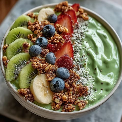 Vibrant green smoothie bowl, a healthy breakfast topped with fresh fruit and granola.