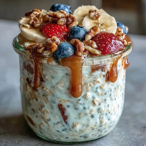 Creamy overnight oats with chia seeds topped with fresh berries, a perfect make-ahead breakfast.