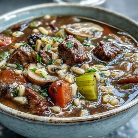 Hearty Vegetable Beef, Barley, and Mushroom Soup steaming in a rustic bowl, with tender beef chunks and sliced carrots.