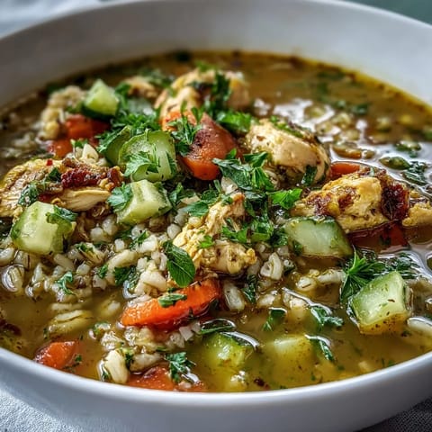 A hearty bowl of Soothing Turmeric Chicken With Pearl Barley soup with lemon wedges on the side.