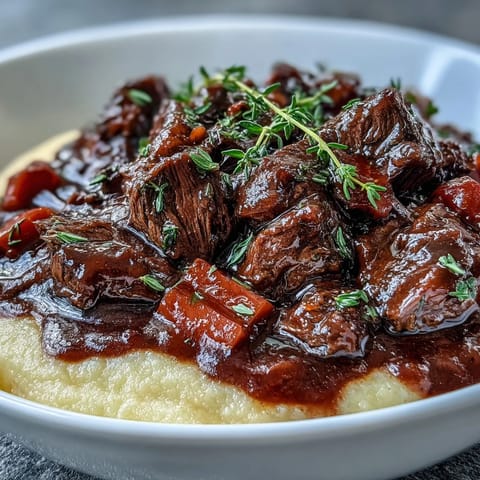 Tender chunks of venison stew in a rich, sloe gin-infused sauce, served over creamy polenta for a comforting winter dinner.  