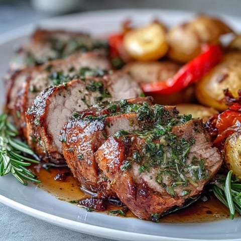 Golden-brown marinated Ibérico pork fillet, sliced and served with roasted potatoes and sweet red peppers on a rustic plate.  