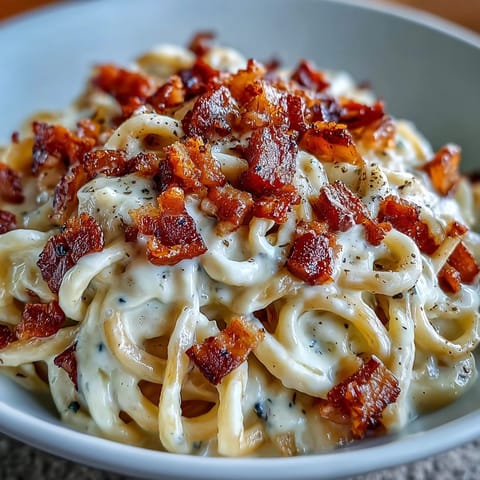 Steaming celeriac carbonara served on a white plate, garnished with black pepper and extra cheese.