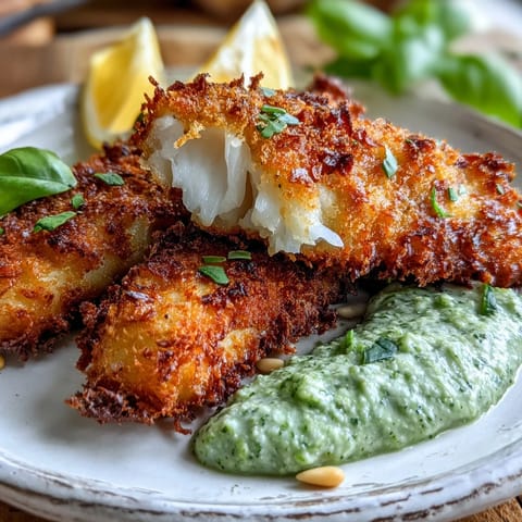 Golden Parmesan-crusted haddock goujons sit on a plate with creamy pea pesto, mixed salad leaves, and fresh lemon for serving.