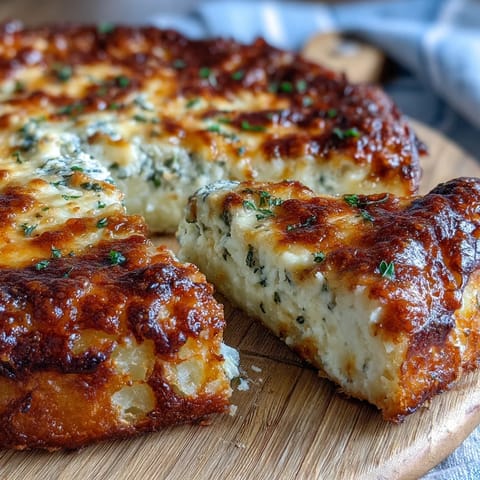 Sliced wedges of hearty Cheese and Potato Pie are plated, revealing creamy layers of potatoes and onions with a crisp, flaky top.