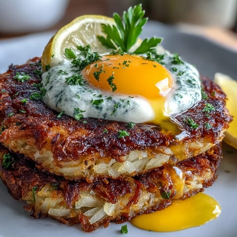 Hearty celeriac rösti served with vibrant harissa yogurt and a sunny-side-up egg for a savory brunch.