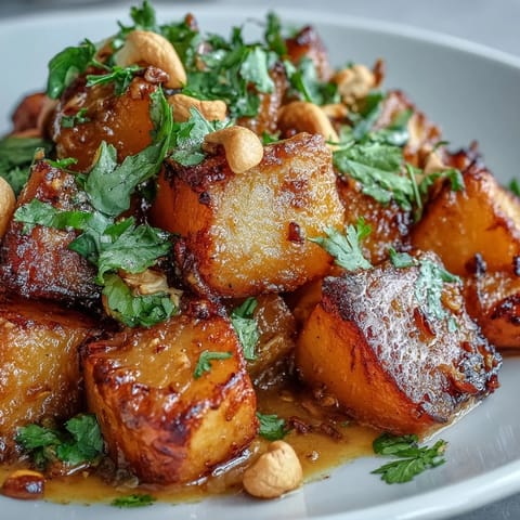 A serving of hearty curried celeriac over fluffy rice, with a lime wedge and vibrant spices.