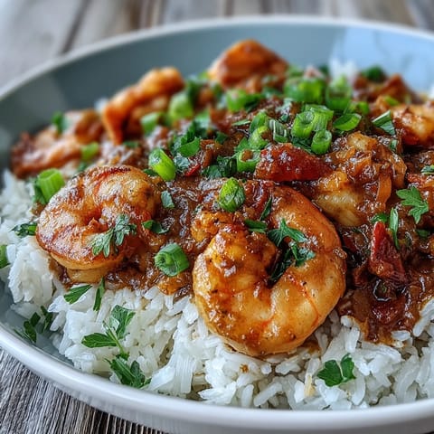Classic New Orleans Étouffée served over fluffy white rice with fresh parsley and green onions.