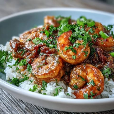 A spoonful of rich, dark roux sauce with plump shrimp in Classic New Orleans Étouffée.