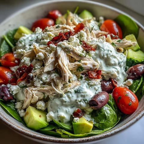 Chilled and refreshing Tzatziki Chicken Salad topped with feta, Kalamata olives, and diced avocado for a Mediterranean-inspired lunch.