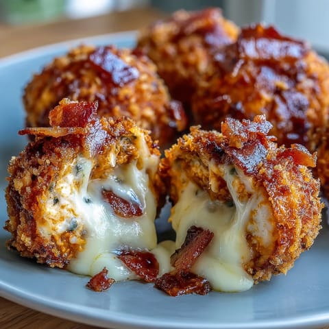 A freshly fried panko-coated Buffalo Chicken Bacon Mozzarella Bomb is broken open, revealing melted mozzarella and spicy chicken filling.