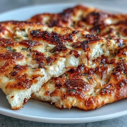 Golden-baked The Best Easy Garlic Naan Bread resting beside a small bowl of creamy curry, perfect for a warm dinner.