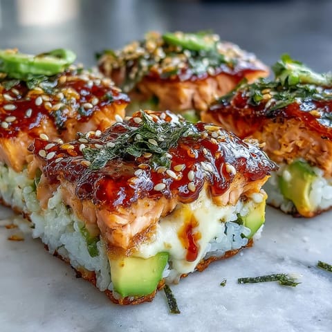 Golden-brown baked Spicy Salmon Sushi Bake served warm in a casserole dish topped with creamy avocado slices.