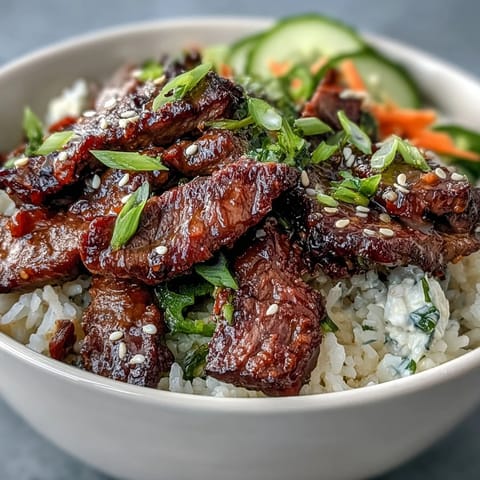 Vibrant Korean Beef Power Bowl with marinated beef, tangy carrots, and spicy mayo.