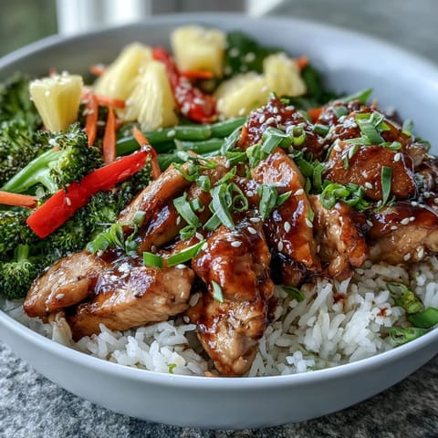 Fork-ready Teriyaki Chicken and Rice Bowl featuring tender chicken glazed in glossy sauce, steamed rice, and crisp broccoli, carrots, and snap peas.