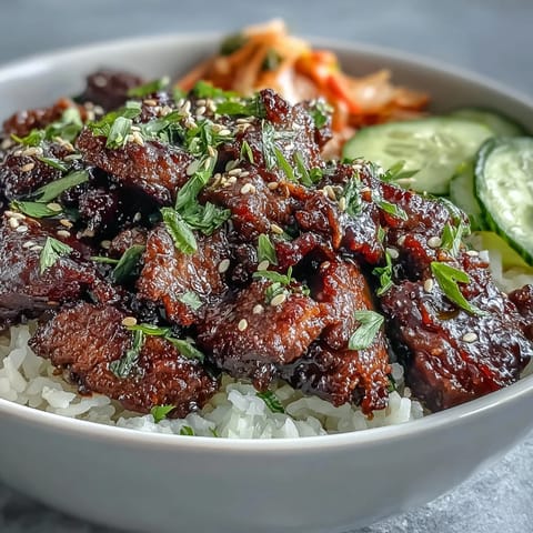 Hot Korean Beef Bowl with spicy gochujang glaze and fluffy white rice.