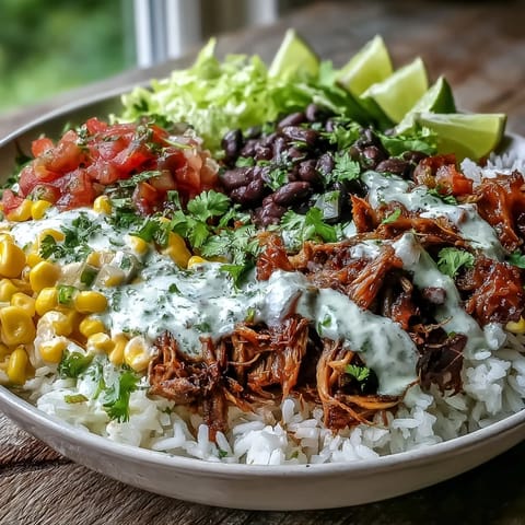 Golden brown carnitas burrito bowl with fluffy rice, black beans, corn, and zesty lime crema drizzle.