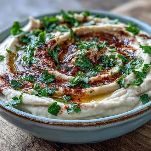 Creamy Black-Eyed Pea Hummus topped with olive oil, smoked paprika, and fresh parsley served with pita chips.