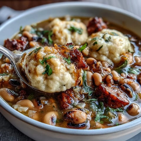 A hearty bowl of Black-Eyed Peas and Sausage Dumplings, featuring savory broth and fluffy cornmeal dumplings.