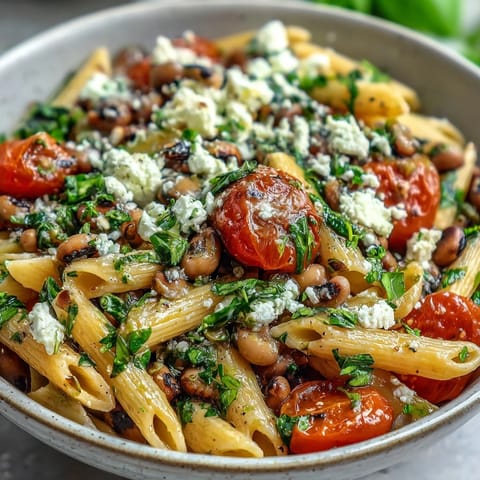 Freshly cooked Black-Eyed Pea Pasta with cherry tomatoes, spinach, and crumbled feta cheese served in a rustic white bowl.