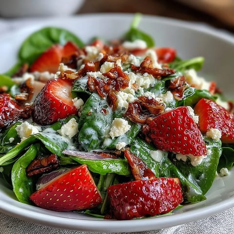 Fresh strawberry spinach salad with poppyseed dressing in a large white bowl, showcasing vibrant red strawberries and leafy greens.