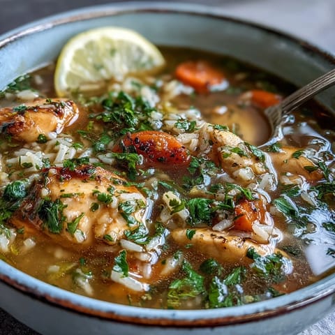 Easy Chicken Run One-Pot Chicken and Rice Soup with tender chicken, hearty rice, and vegetables simmering in a savory broth.