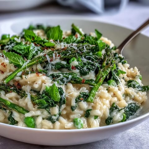 A vibrant bowl of creamy pea and mint risotto topped with Parmesan, perfect for a spring dinner party.
